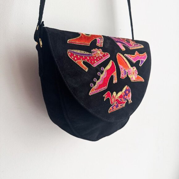 Vintage J. Renee Black Suede Shoe Embroidered Oval Crossbody Bag - Picture 3 of 12